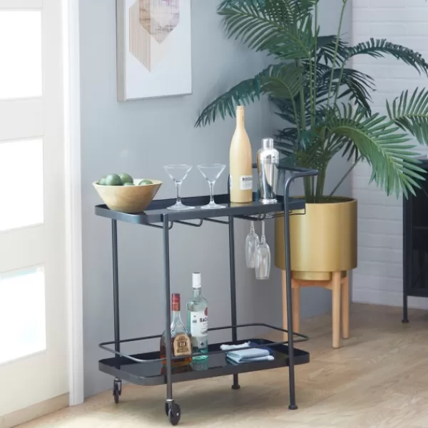 Kitchen Islands & Bar Carts-Kirkland's Home Black Iron And Glass Top Bar Cart