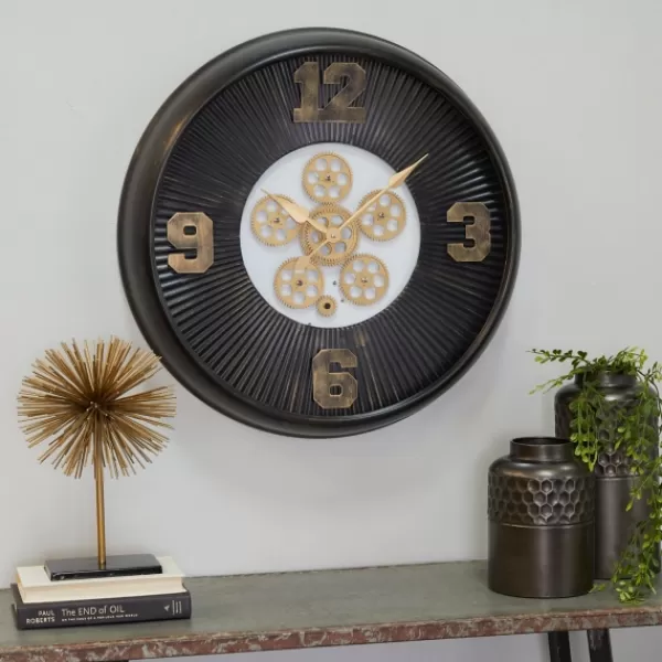 Clocks-Kirkland's Home Black Iron Frame Bronze Numeral Wall Clock