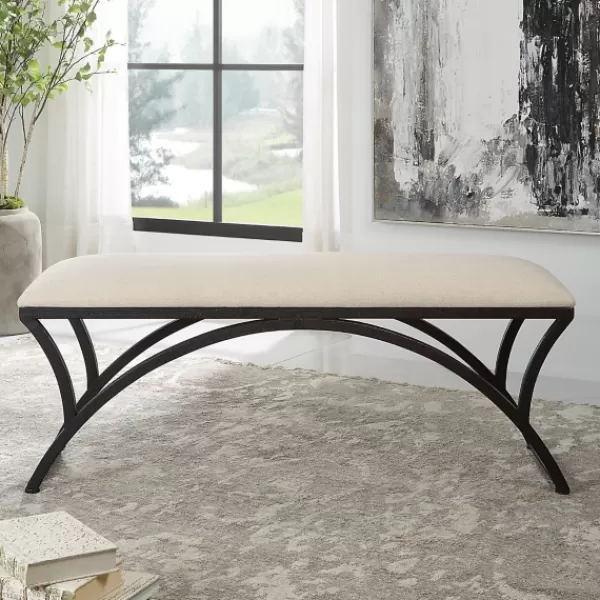 Benches & Ottomans-Kirkland's Home Black Metal Arched Frame Upholstered Bench Ivory