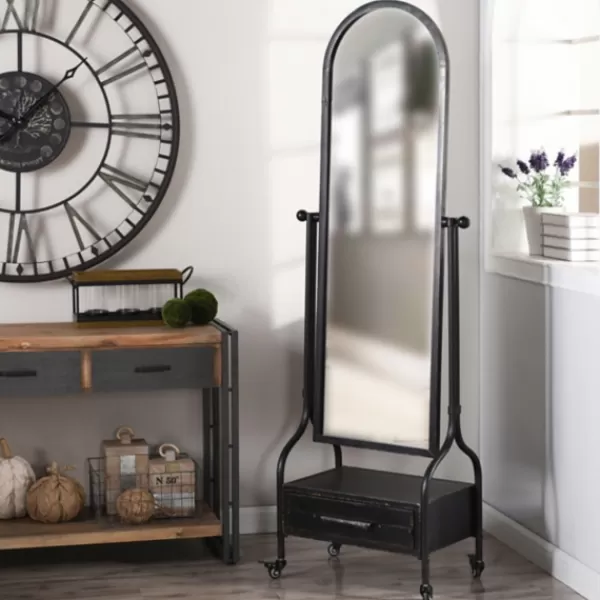 Full Length & Floor Mirrors-Kirkland's Home Black Metal Cheval Frame Mirror With Drawer