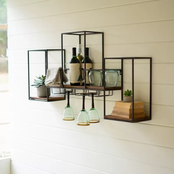 Shelves-Kirkland's Home Black Metal Cubed Wood With Wine Bar