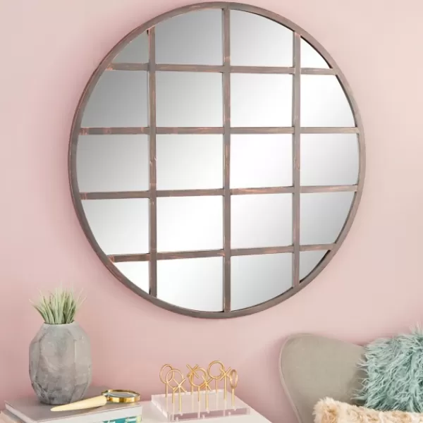 Decorative Mirrors-Kirkland's Home Black Metal Grid Overlay Round Mirror