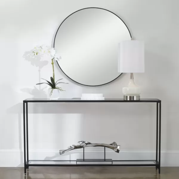 Console Tables-Kirkland's Home Black Metal Mirrored Top Console Table