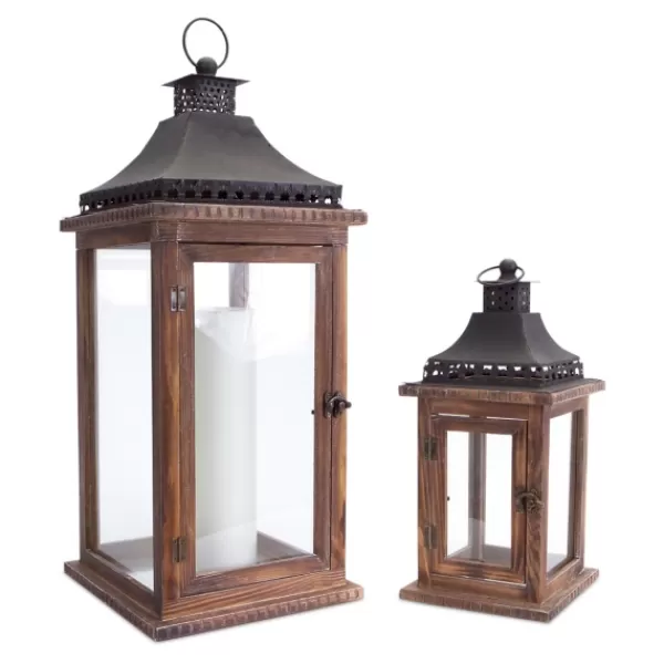 Lanterns-Kirkland's Home Black Metal Top Wood Lanterns, Set Of 2 Brown/Black