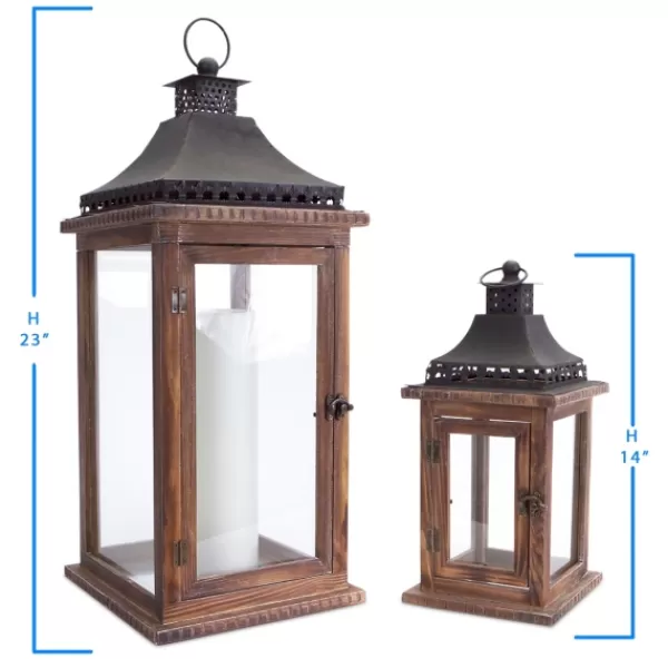 Lanterns-Kirkland's Home Black Metal Top Wood Lanterns, Set Of 2 Brown/Black