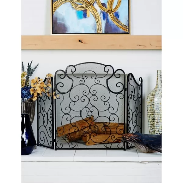 Fireplace Accessories-Kirkland's Home Black Metallic Scroll Three-Panel Fire Screen