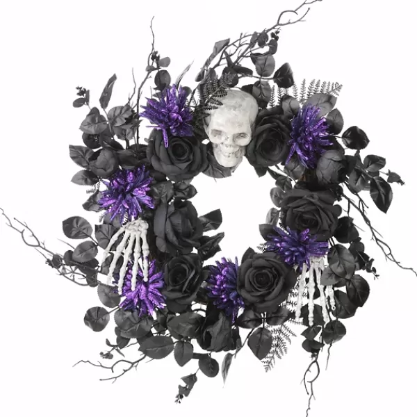 Wreaths-Kirkland's Home Black Purple Leaves Skull Hands Halloween Wreath