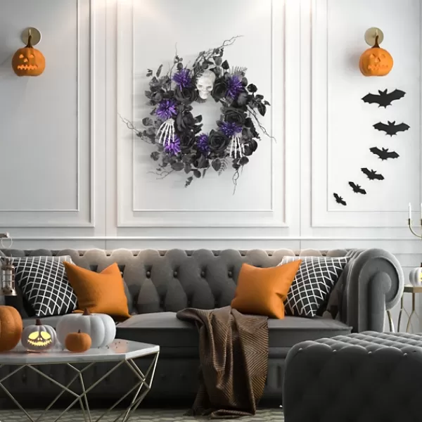 Wreaths-Kirkland's Home Black Purple Leaves Skull Hands Halloween Wreath