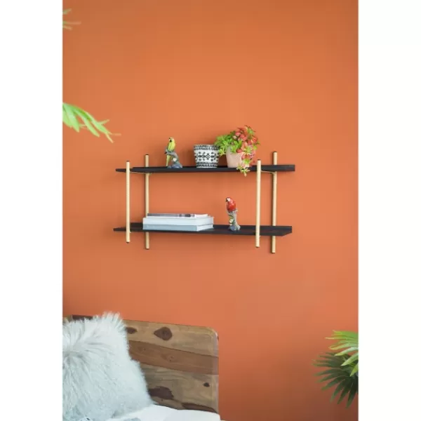 Shelves-Kirkland's Home Black Rattan Wrapped Double Tiered Wall Shelf