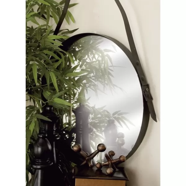 Framed Mirrors-Kirkland's Home Black Round Framed Mirror With Leather Strap