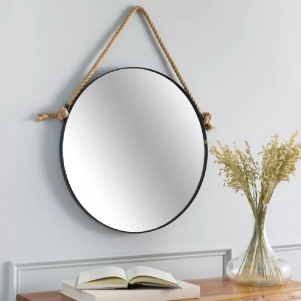 Framed Mirrors-Kirkland's Home Black Round Framed Mirror With Rope, 24 In.