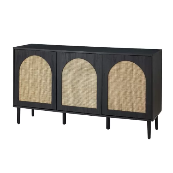 Cabinets & Sideboards-Kirkland's Home Black Wood And Cane Arched Sideboard Cabinet