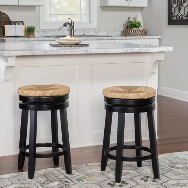 Bar Stools & Counter Height Stools-Kirkland's Home Black Wood Seagrass Seat Swivel Counter Stool Tan