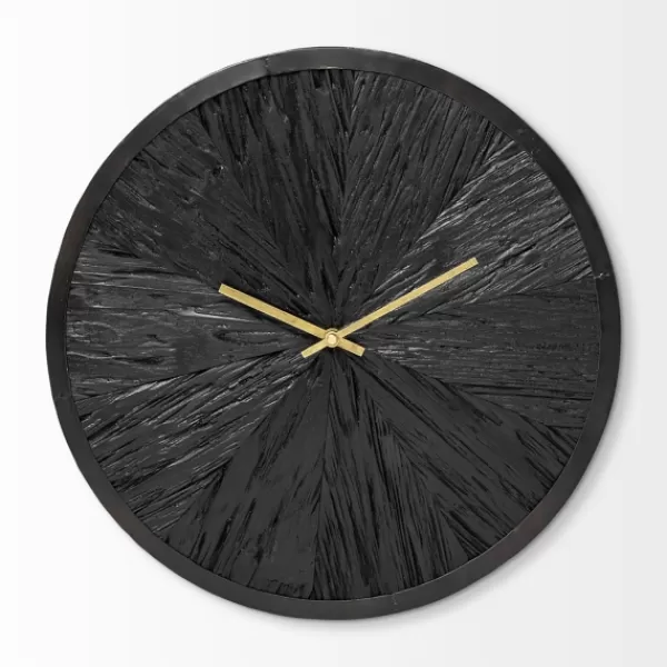 Clocks-Kirkland's Home Black Wood Texture Wall Clock With Gold Hands