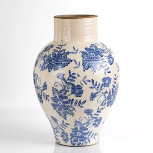 Vases-Kirkland's Home Blue And Cream Vintage Floral Urn Vase, 12 In. Blue/Ivory
