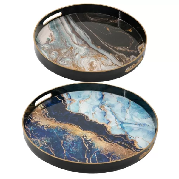 Decorative Trays-Kirkland's Home Blue And Gray Round Abstract Trays, Set Of 2 Blue/Gray/Multi