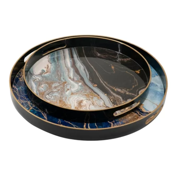 Decorative Trays-Kirkland's Home Blue And Gray Round Abstract Trays, Set Of 2 Blue/Gray/Multi