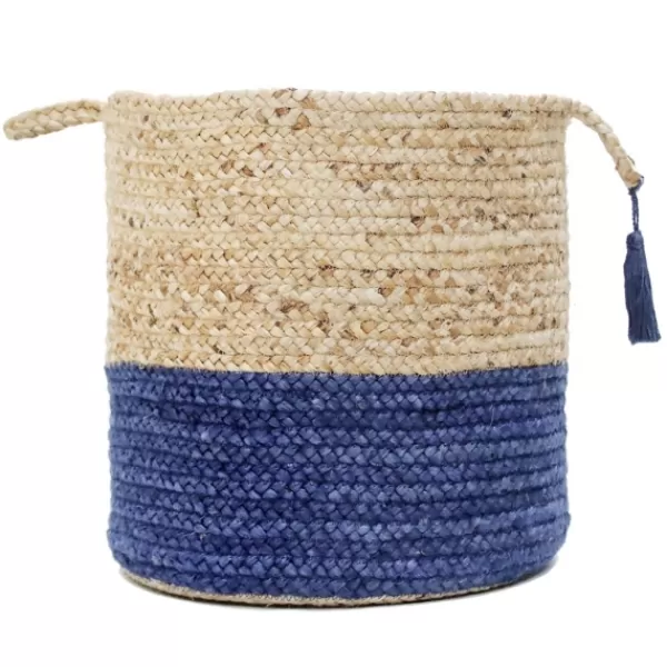 Baskets & Boxes-Kirkland's Home Blue And Tan Woven Jute Basket With Tassel, 17 In. Blue/Tan