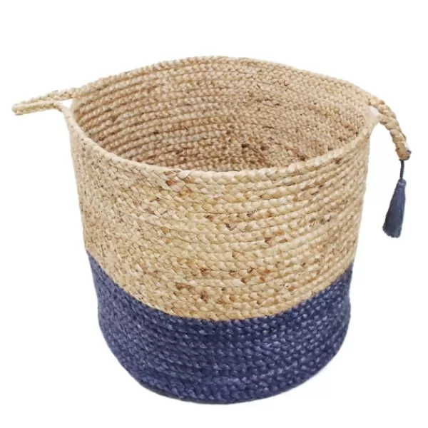 Baskets & Boxes-Kirkland's Home Blue And Tan Woven Jute Basket With Tassel, 17 In. Blue/Tan