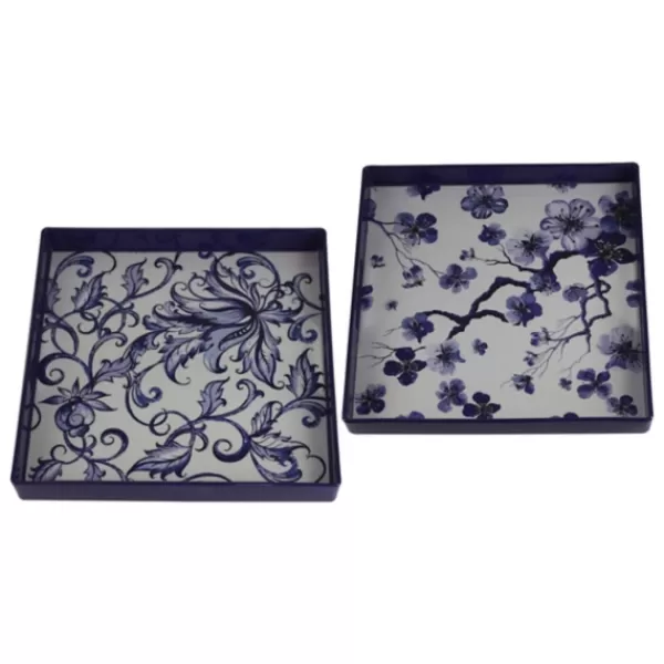 Decorative Trays-Kirkland's Home Blue And White Floral Trays, Set Of 2 Blue/White