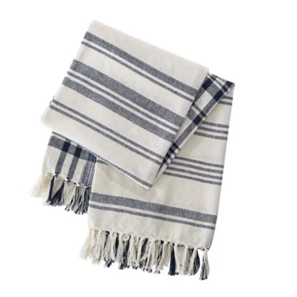 Blankets & Throws-Kirkland's Home Blue And White Striped Tassel Throw Blue/White