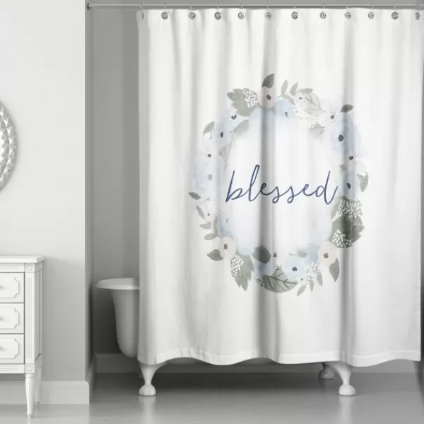 Shower Curtains-Kirkland's Home Blue Blessed Floral Wreath Shower Curtain White