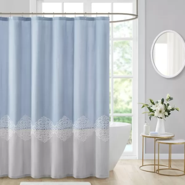 Shower Curtains-Kirkland's Home Blue Block Embroidered Shower Curtain Blue/Gray