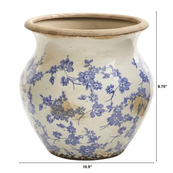 Vases-Kirkland's Home Blue Bulous Floral Scroll Ceramic Vase, 10 In. Blue/White