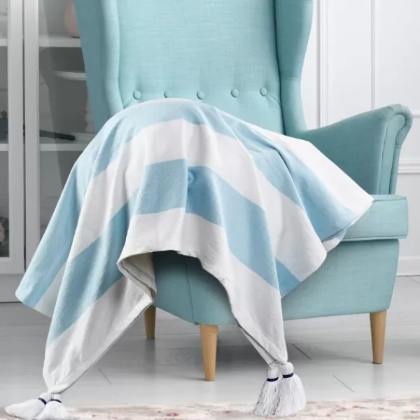 Blankets & Throws-Kirkland's Home Blue Cabana Stripe Tassel Throw Blue/White