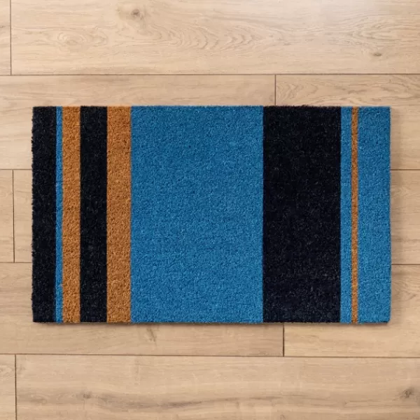 Doormats-Kirkland's Home Blue Color Block Stripes Coir Doormat Blue/Black/Tan