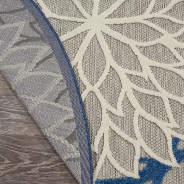 Outdoor Rugs-Kirkland's Home Blue Floral Burst Round Outdoor Area Rug, 5X5 Tan/Blue/White