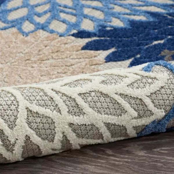 Outdoor Rugs-Kirkland's Home Blue Floral Burst Round Outdoor Area Rug, 5X5 Tan/Blue/White