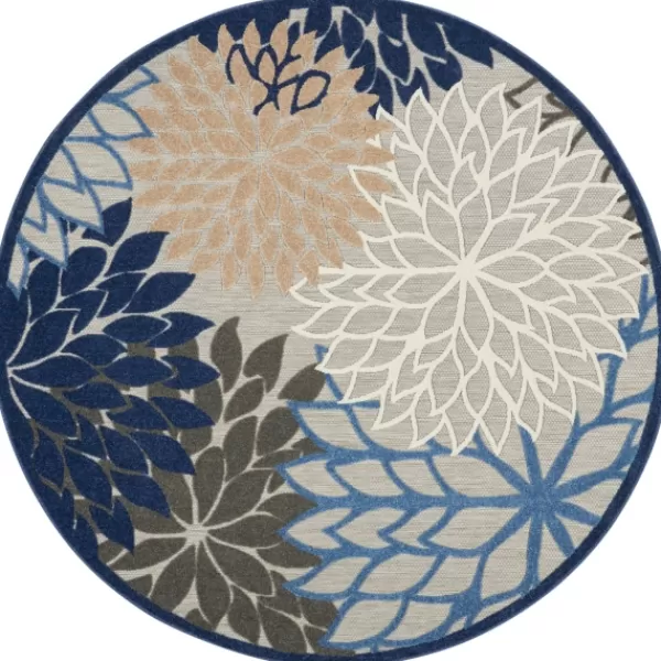 Outdoor Rugs-Kirkland's Home Blue Floral Burst Round Outdoor Area Rug, 7X7 Tan/Blue/White
