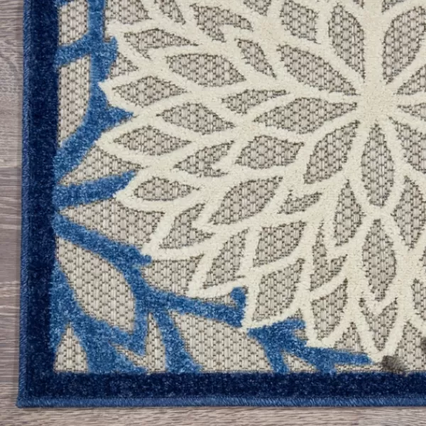 Outdoor Rugs-Kirkland's Home Blue Floral Burst Round Outdoor Area Rug, 7X7 Tan/Blue/White