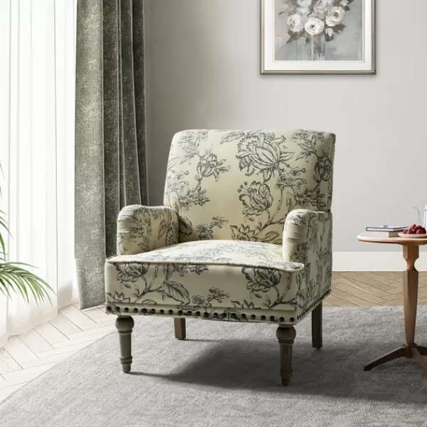 Accent Chairs-Kirkland's Home Blue Floral Nailhead Trim Upholstered Accent Chair Blue/Ivory