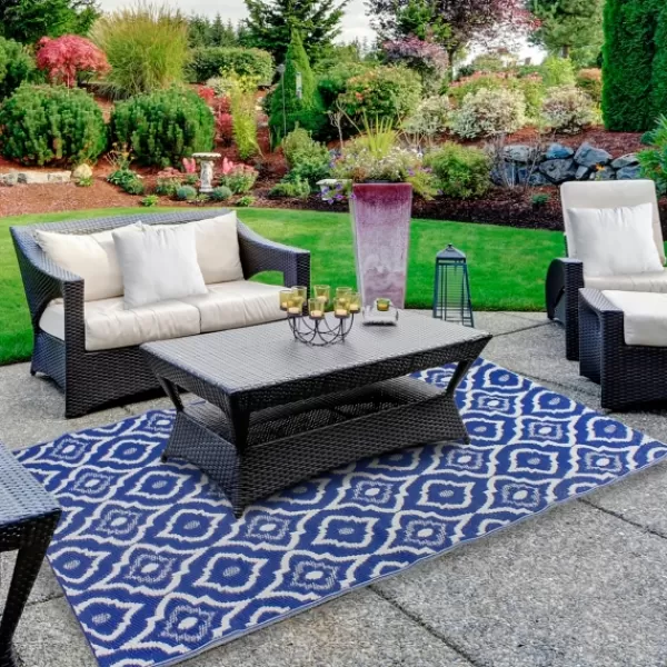 Outdoor Rugs-Kirkland's Home Blue Geometric Floral Outdoor Area Rug, 4X6 Blue/White