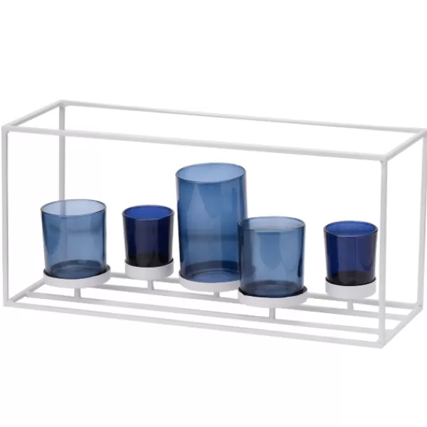 Candle Holders-Kirkland's Home Blue Glass Open Frame Candle Runner White/Blue