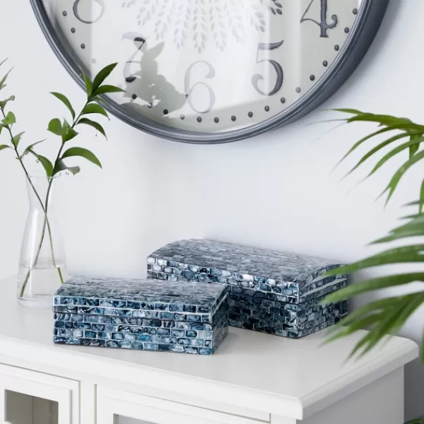 Baskets & Boxes-Kirkland's Home Blue Mother Of Pearl Coastal Boxes, Set Of 2 Blue/White