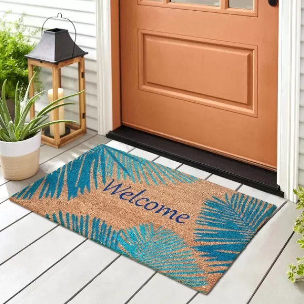 Doormats-Kirkland's Home Blue Palm Fronds Welcome Coir Doormat Tan/Blue