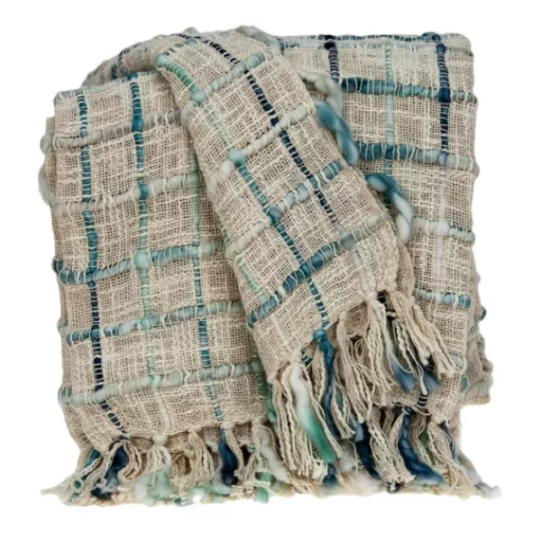 Blankets & Throws-Kirkland's Home Blue Primitive Squares Handloomed Throw Blanket Blue/Tan/Green