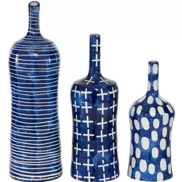 Vases-Kirkland's Home Blue Stoneware Vases, Set Of 3 Blue/White