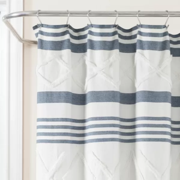 Shower Curtains-Kirkland's Home Blue Stripe Diamond Tufted Shower Curtain Blue/White