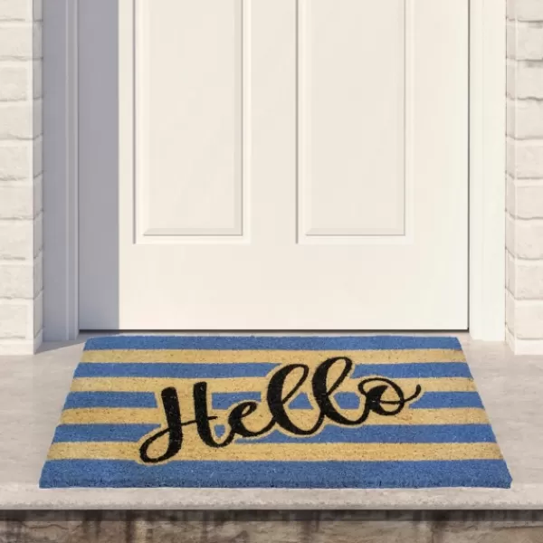 Doormats-Kirkland's Home Blue Striped Hello Doormat Blue/Tan/Black