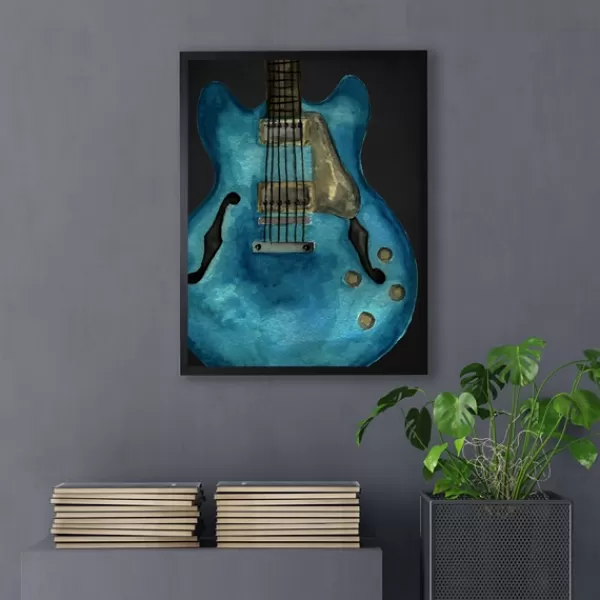 Framed Art-Kirkland's Home Blue Watercolor Guitar Framed Art Print Black/Blue