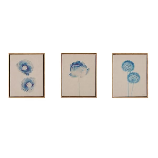 Framed Art-Kirkland's Home Botanical Framed Linen Canvas Art Print, Set Of 3 Blue/Tan