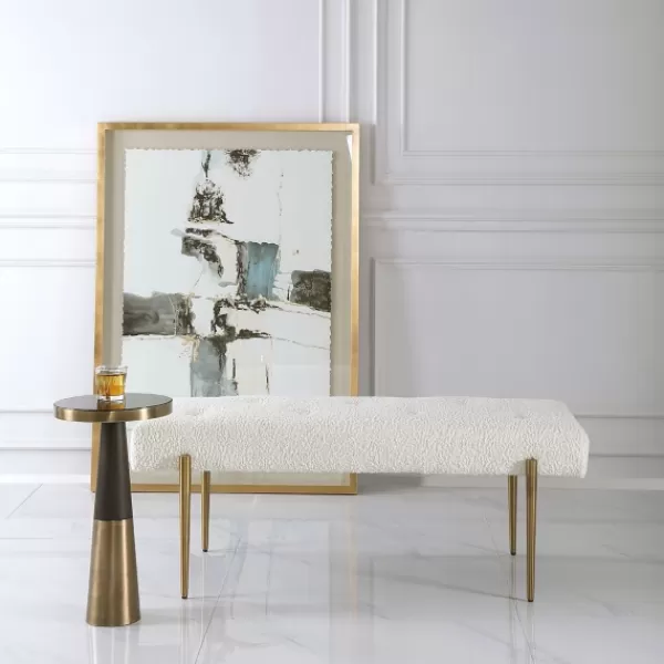 Benches & Ottomans-Kirkland's Home Boucle Seat And Gold Legs Bench White