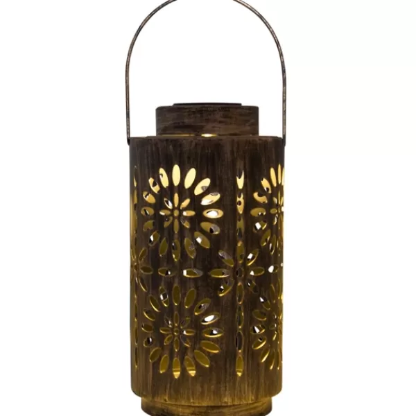 Outdoor Lighting-Kirkland's Home Brass Metal Flower Cutout Solar Lantern Brown