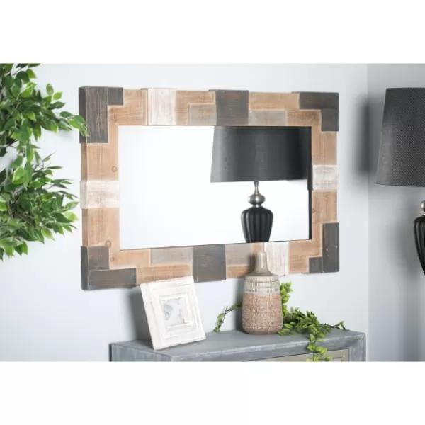 Decorative Mirrors-Kirkland's Home Brown And White Square Strips Wood Framed Mirror