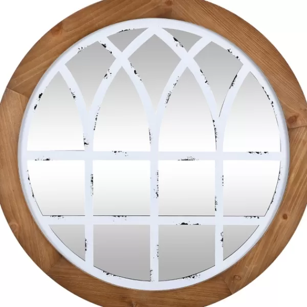 Decorative Mirrors-Kirkland's Home Brown And Wooden Round Windowpane Mirror White