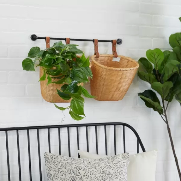 Shelves-Kirkland's Home Brown Bamboo Basket And Metal Bar Wall Shelf